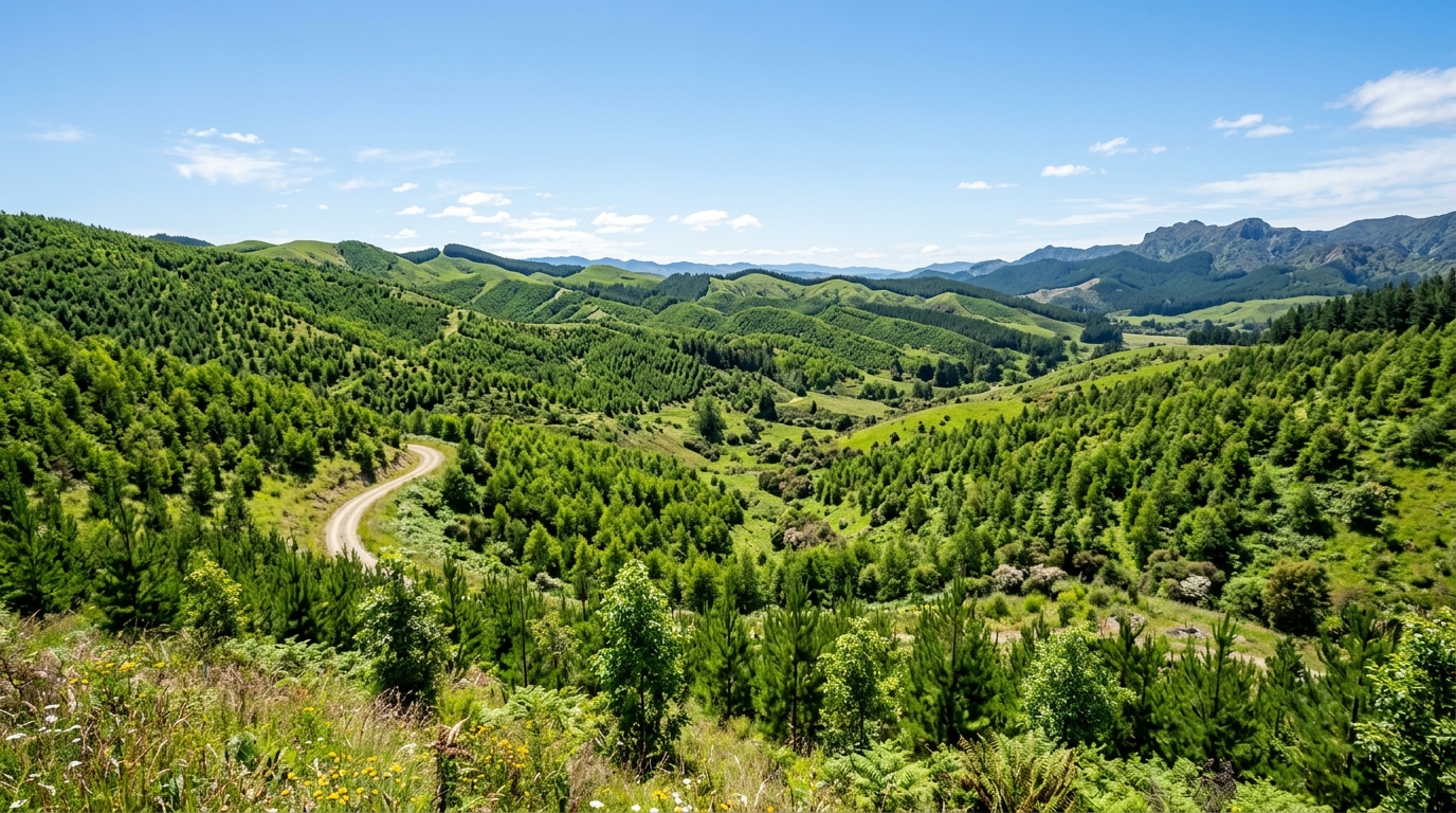 Young plantation forest rolling to green hills