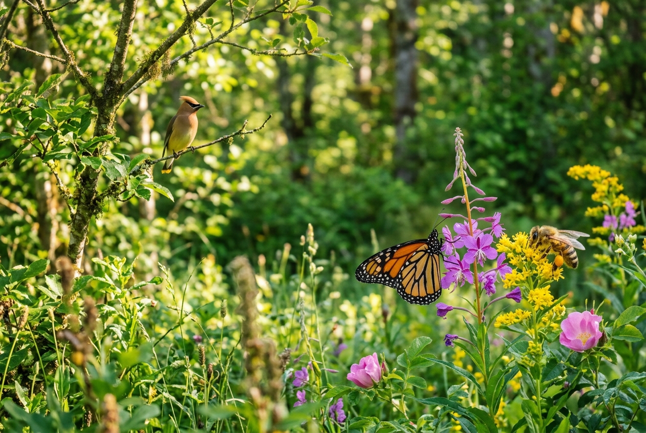 Honeybee and butterfly on native wildflowers