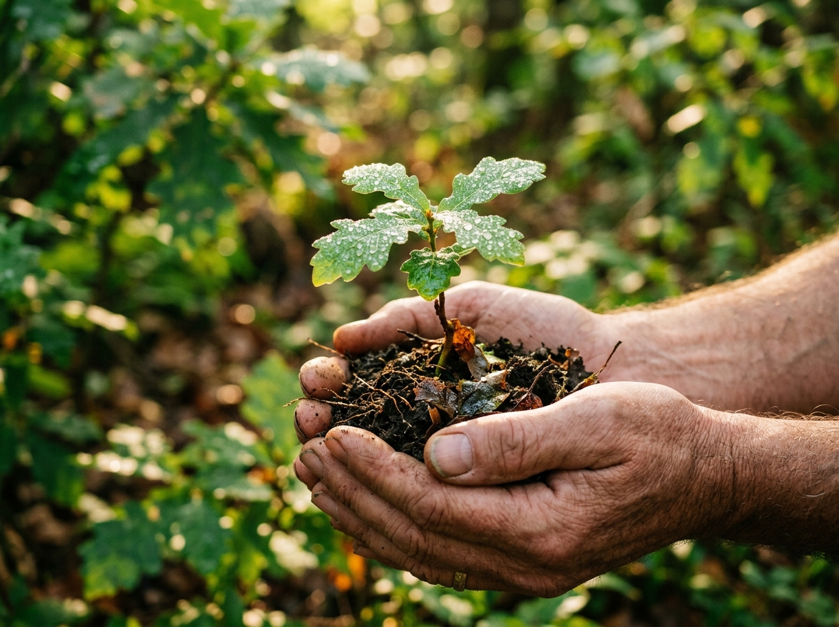 Hands cradling a dew-covered native sapling
